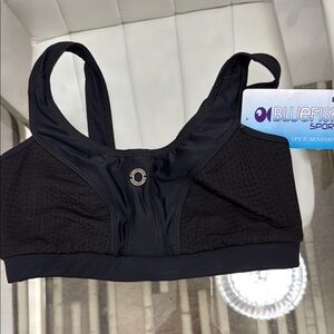 Blue Fish Black Sports Bra with Wide Straps and Supportive Band